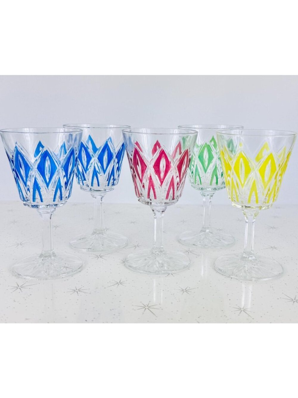 Vintage 1950s dessert glasses, set of 5, VCM Reims France, Harlequin pattern,
